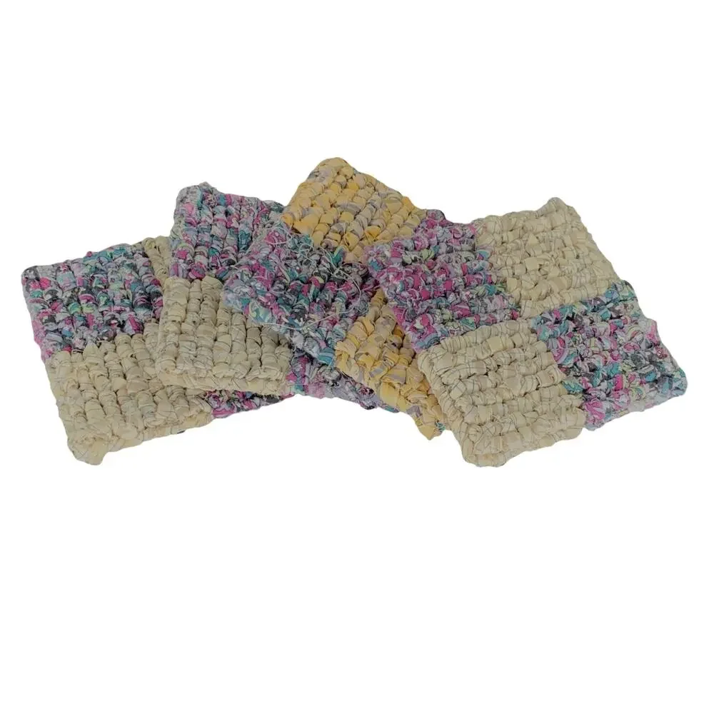 Drink Coaster Set Locker Hooking Handmade Yellow Purple Fabric Square Coasters